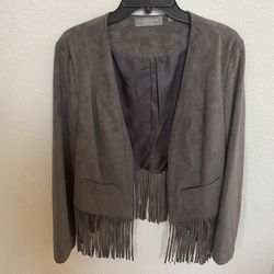 Brand new beautiful Bagatelle gray suede fringed jacket with silk lining!! Size Large