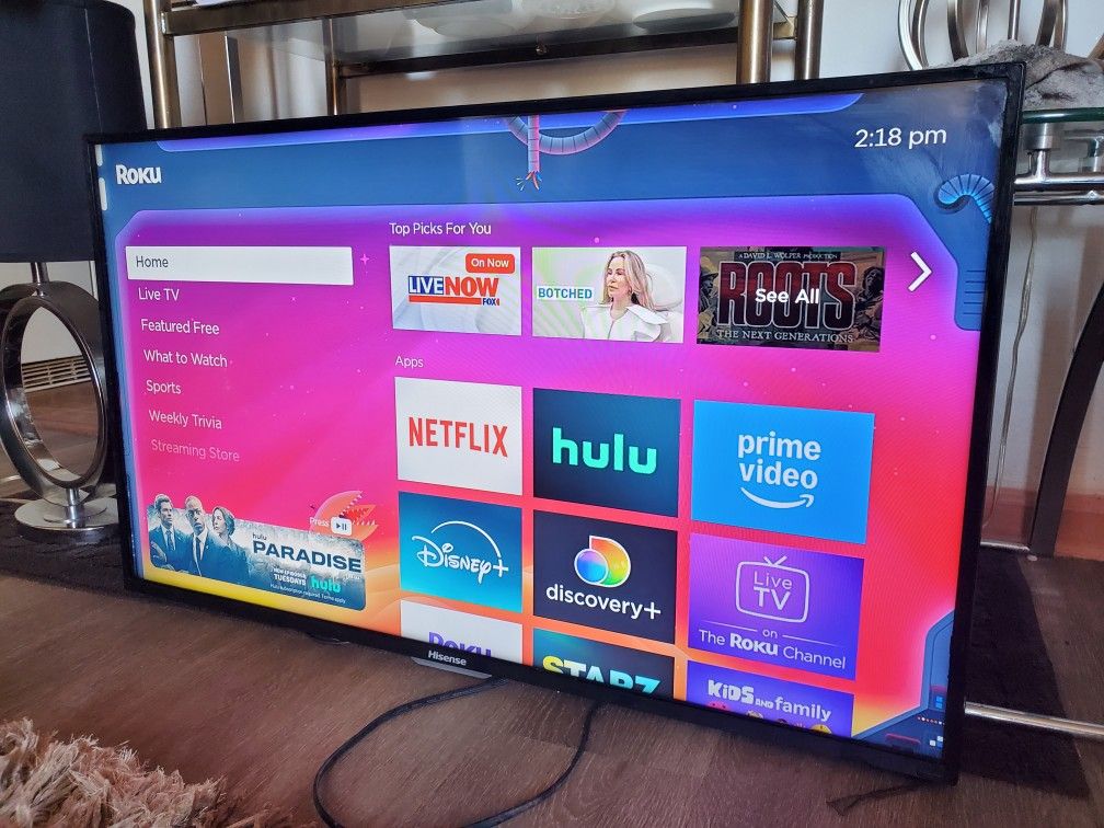 43" hisiense not smart but come with roku fire stick.  U got all apps set already.  No legs it was mounted 