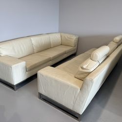 Modern Cream Leather Sofa Set (2) – Stainless Steel Base – Excellent Condition