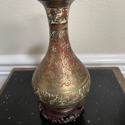 Etched Vintage Brass Vase 7”T