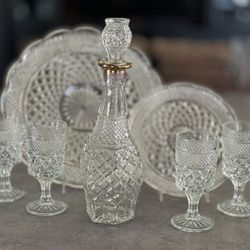 1960 Anchor Hocking  Decanter, Goblets & Serving Plates ; Wexford Crystal 
