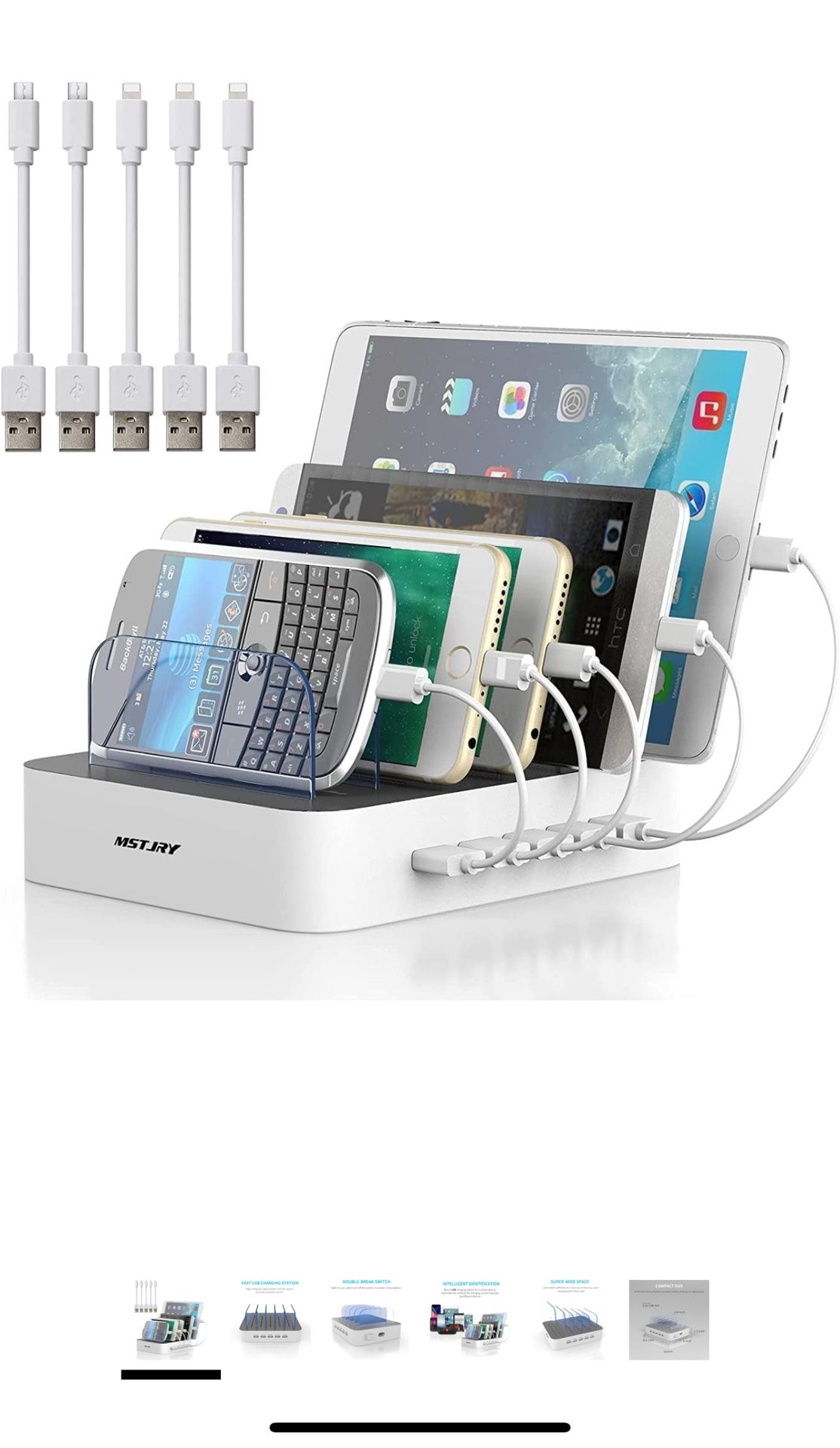Charging Station for Multiple Devices, MSTJRY 5 Port Multi USB Charger Station with Power Switch Designed for iPhone iPad Cell Phone Tablets (White, 6