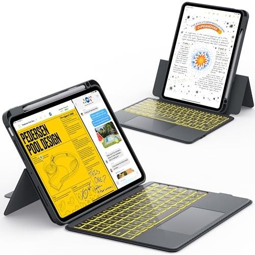 CHESONA Rugged for iPad Pro 11 M4 2024 Case with Keyboard, Magnetic Detachable Case amp 7-Color Backlit, Smart Trackpad, 15-180 Adjustable Stand, Port