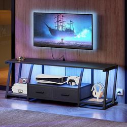 TV Stand for 55 65 Inch TV, Entertainment Center with Open Shelves and Power Outlets, TV Console Table with Fabric Drawers, Media Console for Living R