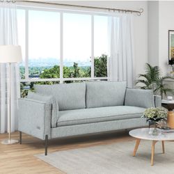 76.2" Sofa Modern 3 Seat Couch with Dual USB Charging Ports and Pillows, Linen Fabric Upholstered Couch Furniture for Living Room