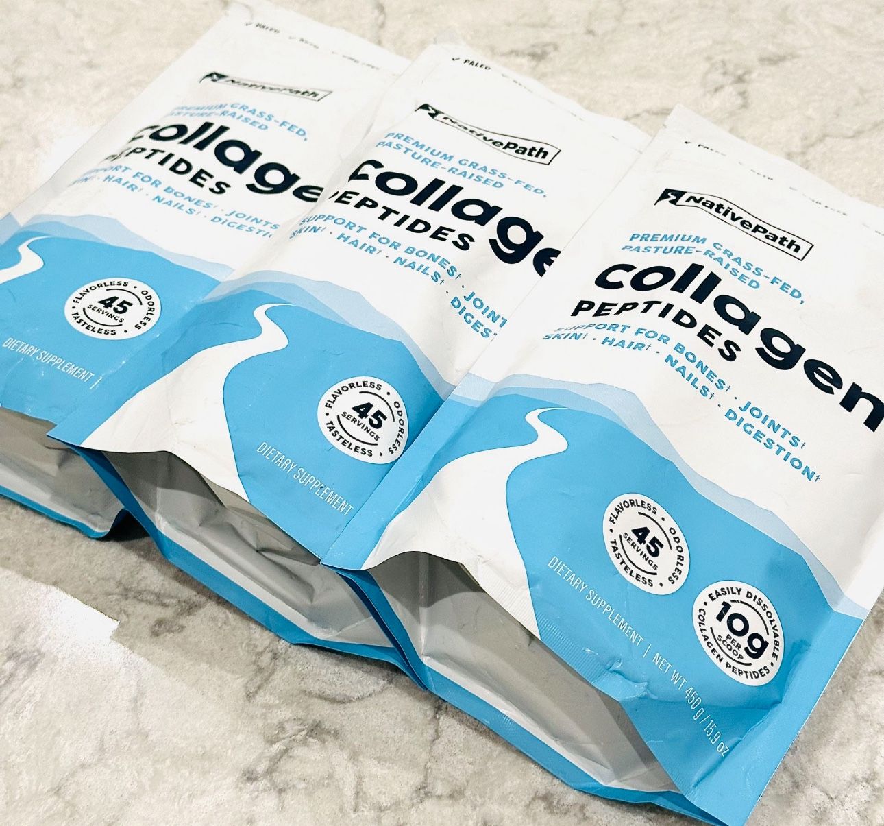 3 Bags NativePath Pure Premium Collagen Powder Peptides Protein Hydrolyzed Grass Fed Pasture Raised- For Skin,Hair,Nails,Body,Health