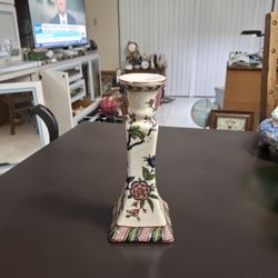 Vintage Chinese Porcelain Candlestick Holder Made In Macau With Beautiful Floral Motifs 8.5" Tall 
