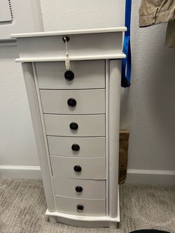 White Standing Jewelry Armoire with Drawers