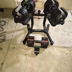 Echelon Strength Adjustable Dumbbells 752 with Stand. With kettlebell and curl bar made to accommodate adjustable dumbbells and a third adjustable dum