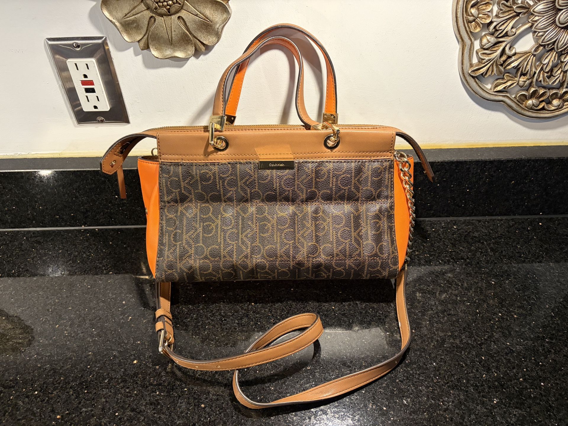 Calvin Klein Purse Brown|Orange with Front & Back Pockets Zipper Closure on Main