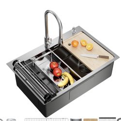 33X22 Drop In Kitchen Sink, 304 Stainless Steel Workstation Sink, Pop-Up Drain, Upgraded Fast Drain & Anti-Clog, Topmount Single Bowl with Accessories