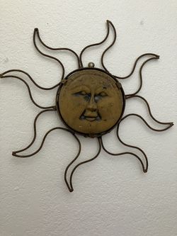 Vintage Mexican Wrought Iron And Clay Sun Face Wall Art Indoor Outdoor