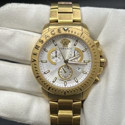 Versace Men's Watch VE2E00521 Swiss Quartz Chrono Silver Dial Gold Steel 45mm *6042