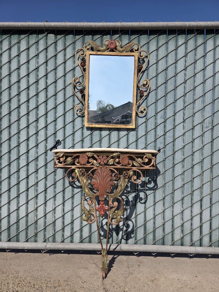 Vintage heavy wrought Iron Console with Marble Top and mirror