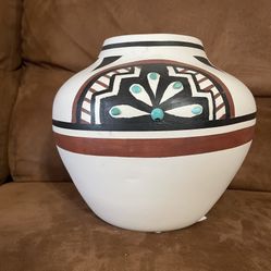 Large Hand Painted Vase With Genuine Pieces Of Turquoise 