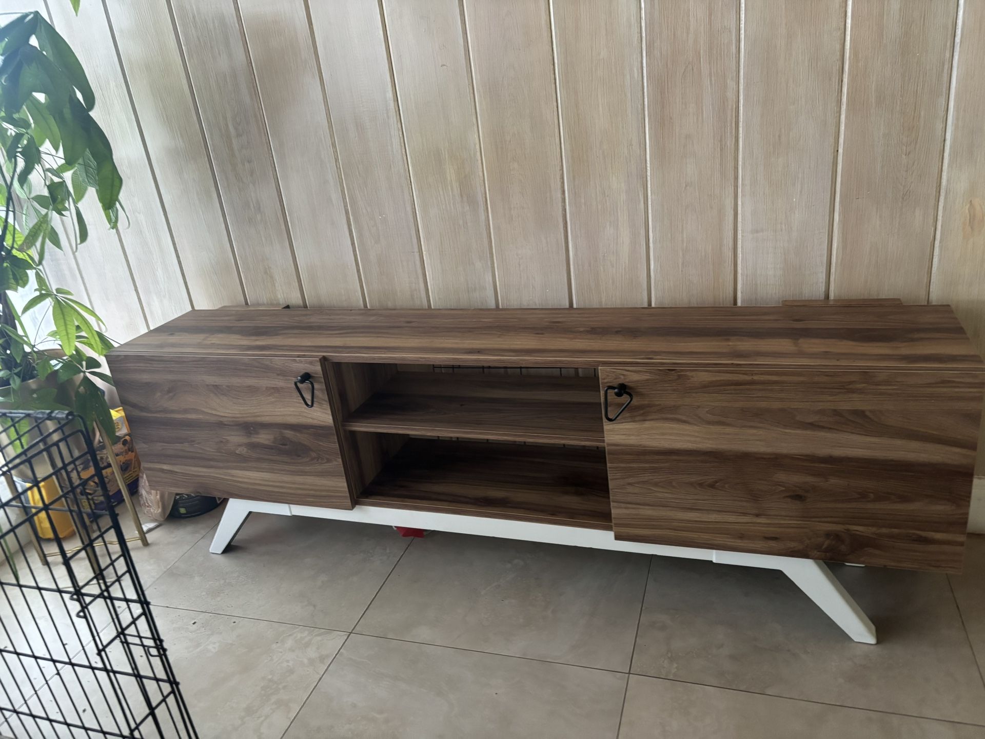 Industrial Farmhouse Style Wood And White Tv Stand With Shelving And Cabinets For Storage
