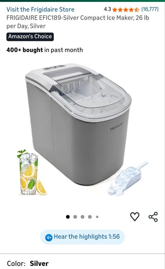 FRIGIDAIRE EFIC189-Silver Compact Ice Maker, 26 lb per Day, Silver