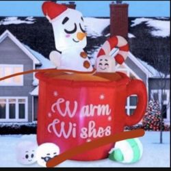 6 FT Christmas Inflatable Snowman Mug with Built-in LEDs Blow Up Inflatables for Christmas Party Indoor, Outdoor, Yard, Garden, Lawn Winter Decoration