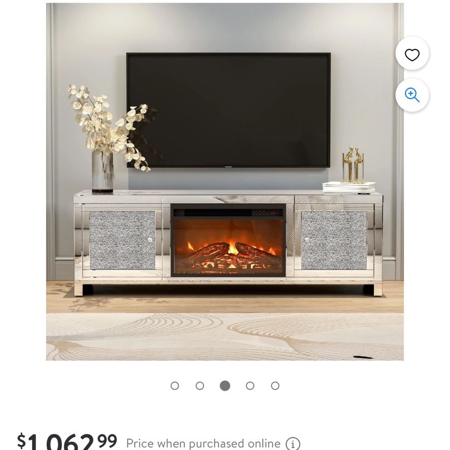 Fireplace TV Stand for TVs up to 55”, Mirrored TV Stand with 18” Fireplace LED Light Home Media Entertainment Center with 2 Storage Cabinet, Silver TV