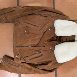 Blank NYC Tan Suede Jacket with Cream Fur Collar, Small