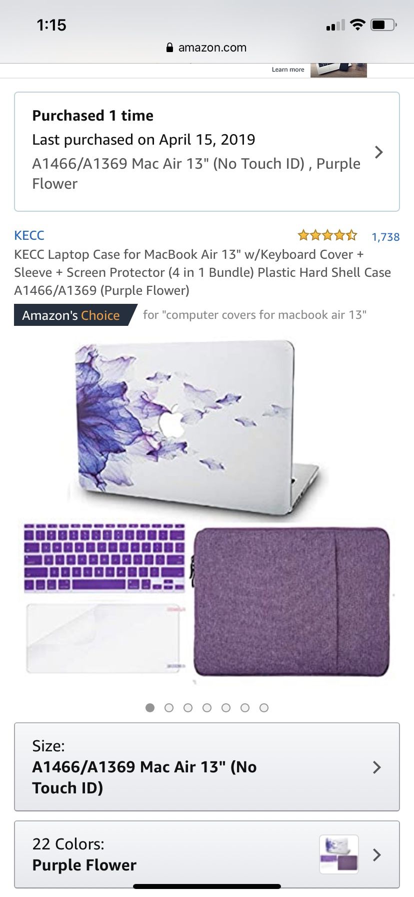 Laptop case with keyboard protector for MacBook Air A1466/1369 13”