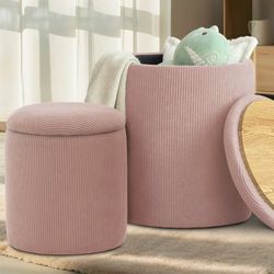 New-Round Ottoman with Storage Set of 2,Corduroy for Living Room,Bedroom,Pink