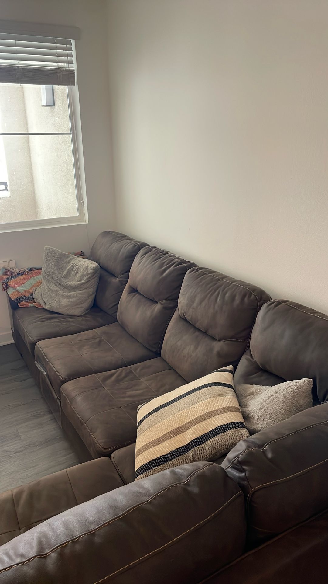 Brown Sectional Couch + Side Tables For Free And Coffee Table