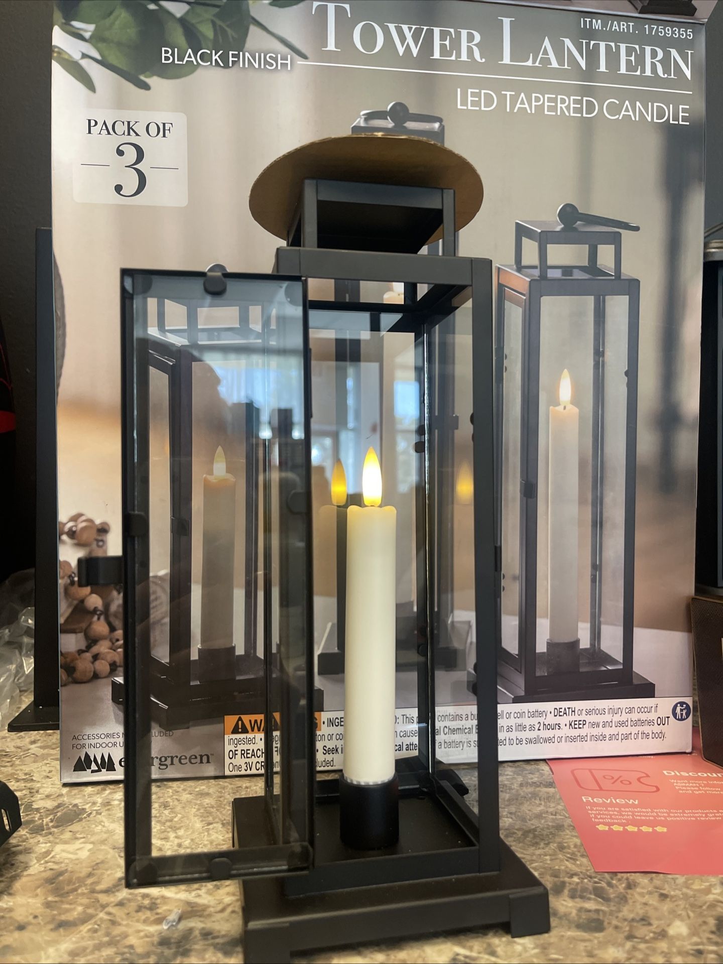 Evergreen Tower Lantern, LED Tapered Candle, 3-Pack/ Black