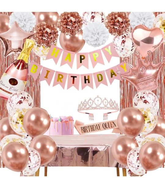 Brand New Rose Gold Birthday Decorations for Women, White and Rose Gold Party Decor with Happy Birthday Banner and Balloons, Sash and Crown, Curtains
