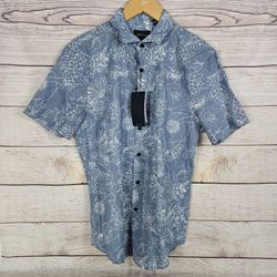 Perry Ellis Mens Dark Sapphire Tropical Leaf Print Camp Button Down Shirt Small