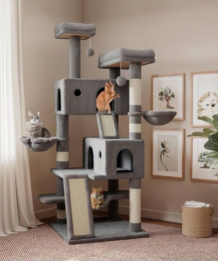 SHA CERLIN 65in Larger Cat Tree Tower Condo for Indoor Kitties/Multi-Level Furniture Activity Center with Wide Base/Cozy Plush Cat Perches/Baskets/Sis