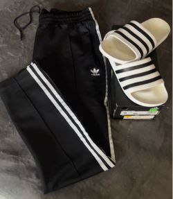 Adidas pants and Adidas slides