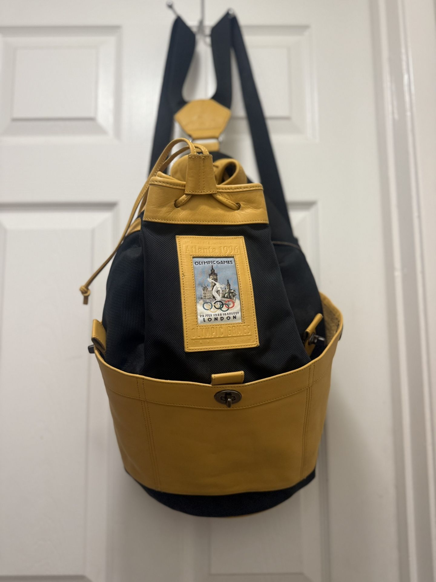 Vintage Rare Coach 1996 Olympic Games Yellow Black Leather Drawstring Backpack