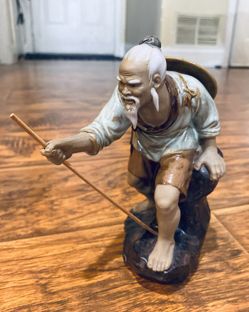 Vintage Oriental Asian Mud FigurineStatue Fisherman