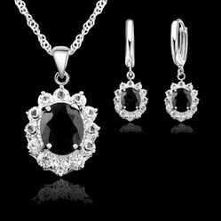 Black diamonds CZ 925 sterling silver set earrings necklace pendant white CZ