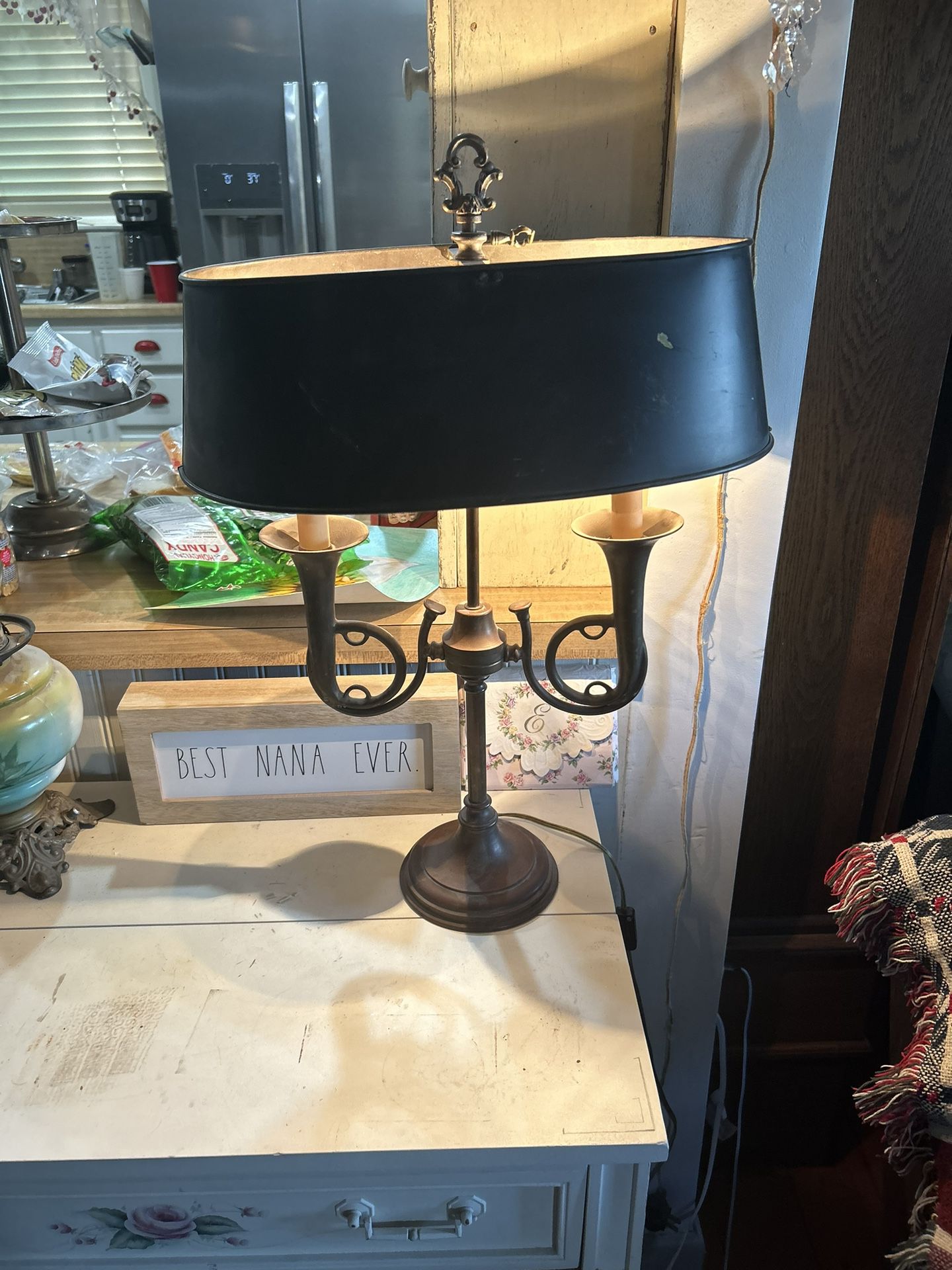 French Horn Bouillotte Table Lamp Brass Candlestick