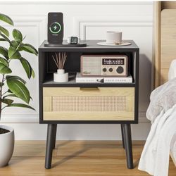 Rattan Nightstand with Drawer Boho Nightstand Mid Century Modern Nightstand Side Table with Gold Handle Bedroom Natural Wood Bedside Table 22” Tall Bl