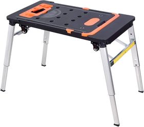 7-in-1 Folding Portable Workbench Painted Work Table as Workbench, Scaffold,Platform,Sawhorse,Car Creeper and Hand Truck with 4 Wheels, Black