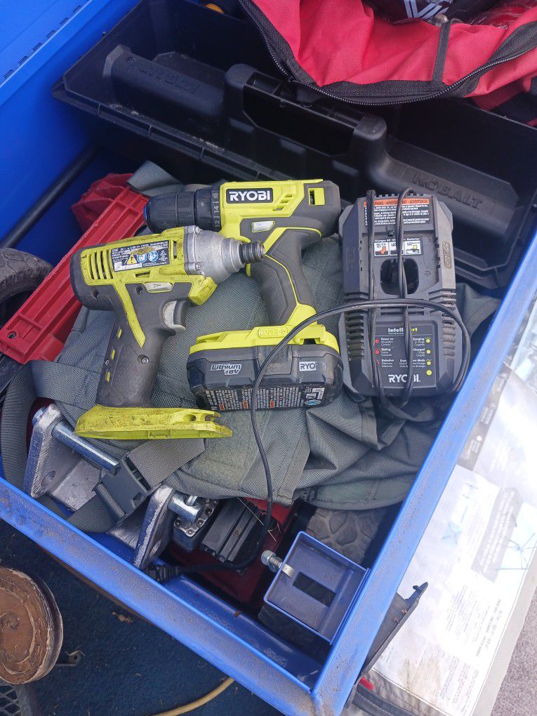Ryobi Drill And Impact  Charger And Battery  