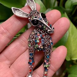 Cute Donkey Brooch 3”x2” Matching Rhinestones And Alloy 