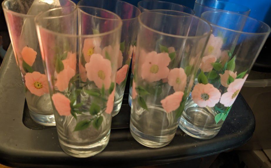 Franciscan Desert Rose 11 oz, 6 1/4" Tall, 2 7/8" Wide, Tumbler Drinking Glasses. Pink Flowers