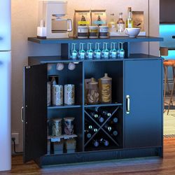 Wine Bar Cabinet with Power Outlet and LED Light （White or Black）
