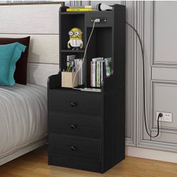 Black tall nightstand with charging station for bedroom