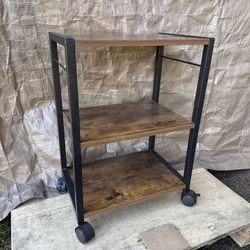 Rolling Industrial Wood & Metal Shelf – 3 Tiers – Great Condition!