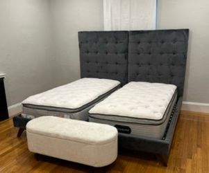 Two Twin Bed Frame with Tufted Headboard