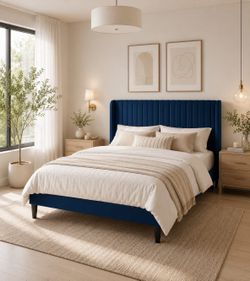 Full Bed Frame, Upholstered Platform Bed, Adjustable Vertical Channel Tufted Headboard, Corduroy Fabric, Modern Low Profile, Wooden Slats, No Box Spri