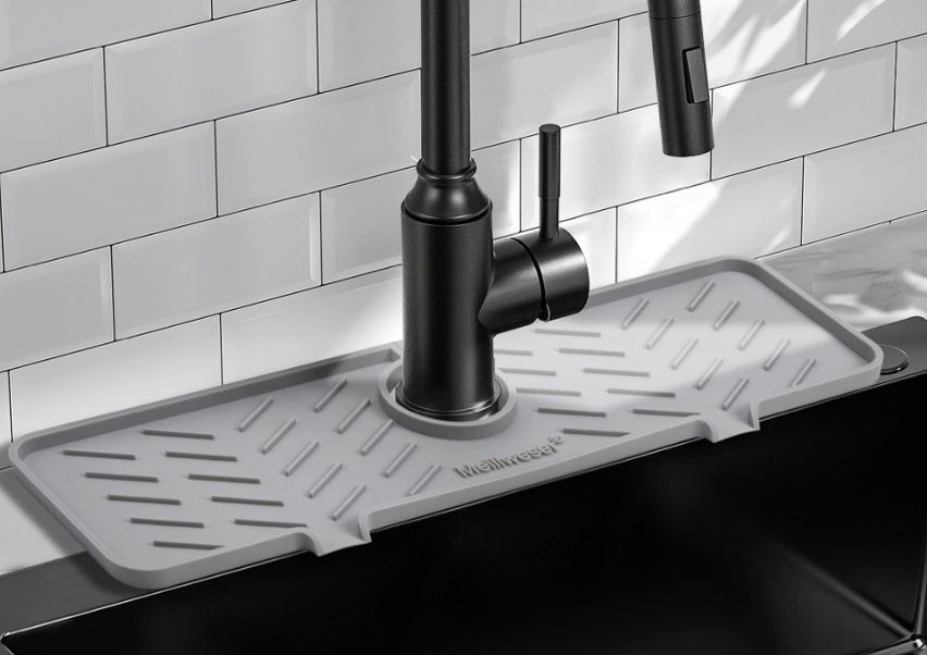 Silicone Faucet Mat For Kitchen Sink – Gen 2 Splash Guard With Upgraded Outlet & Slope – 18” X 5.1” Water Catcher & Sink Sponge Holder For