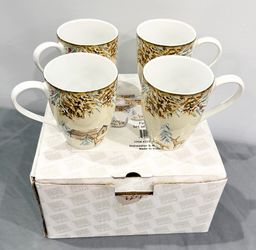 222 Fifth First Snow Porcelain Coffee Mug Set of 4 Winter Deer Cabin Christmas