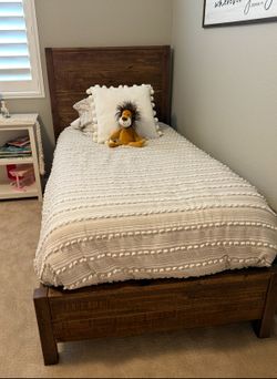 (2) Wood Twin Bed Frames, Mattresses, Comforters, and Sheets