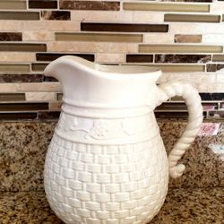 HOME & GARDEN PARTY BASKETWEAVE STONEWARE PITCHER IVORY  